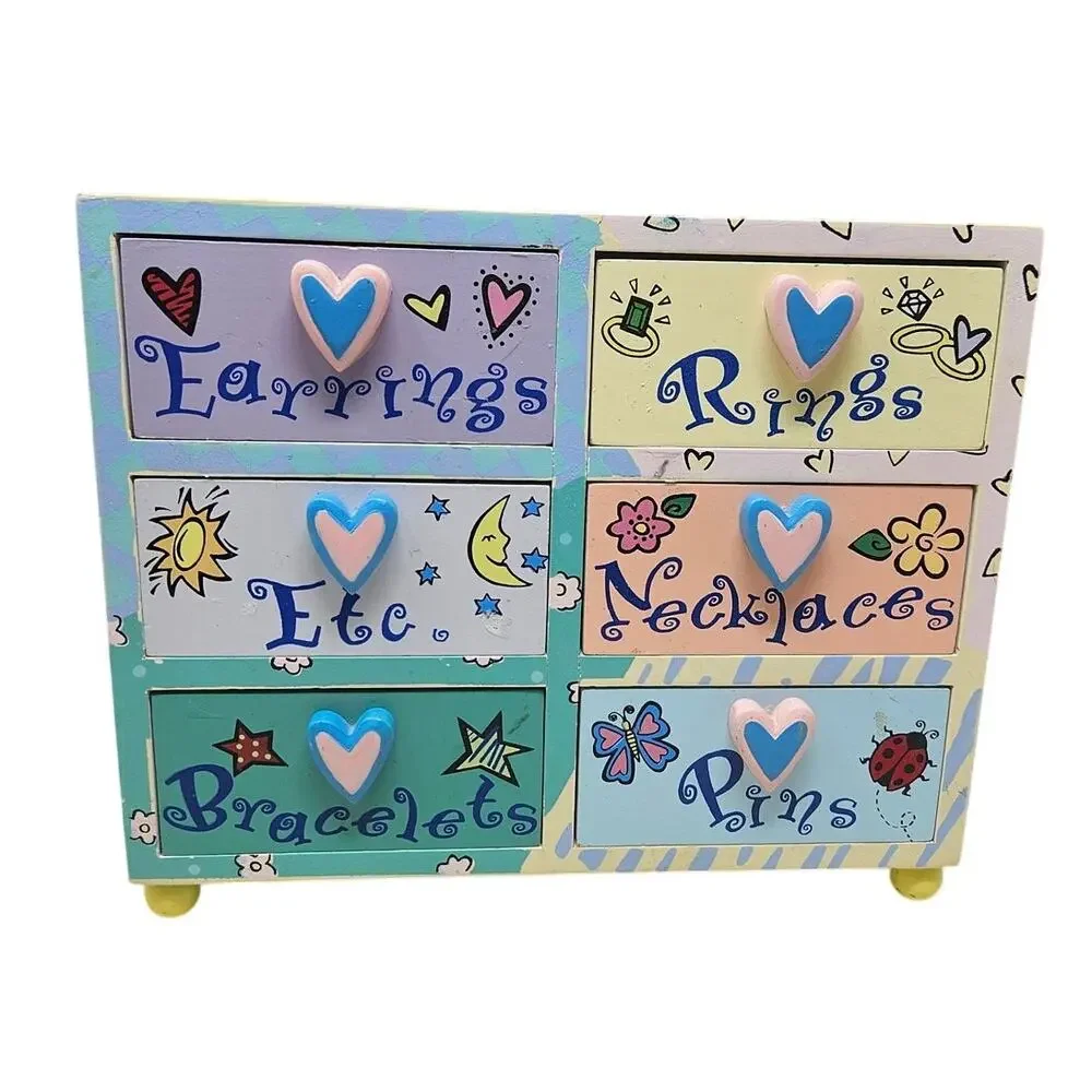 Vintage Y2K Small Wooden Jewelry box chest Table Top Whimsical Patchwork Vernon